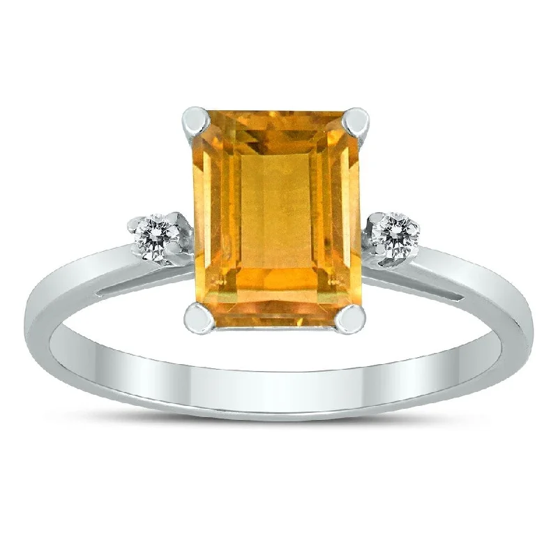 Emerald Cut 8X6MM Citrine and Diamond Three Stone Ring in 10K White Gold