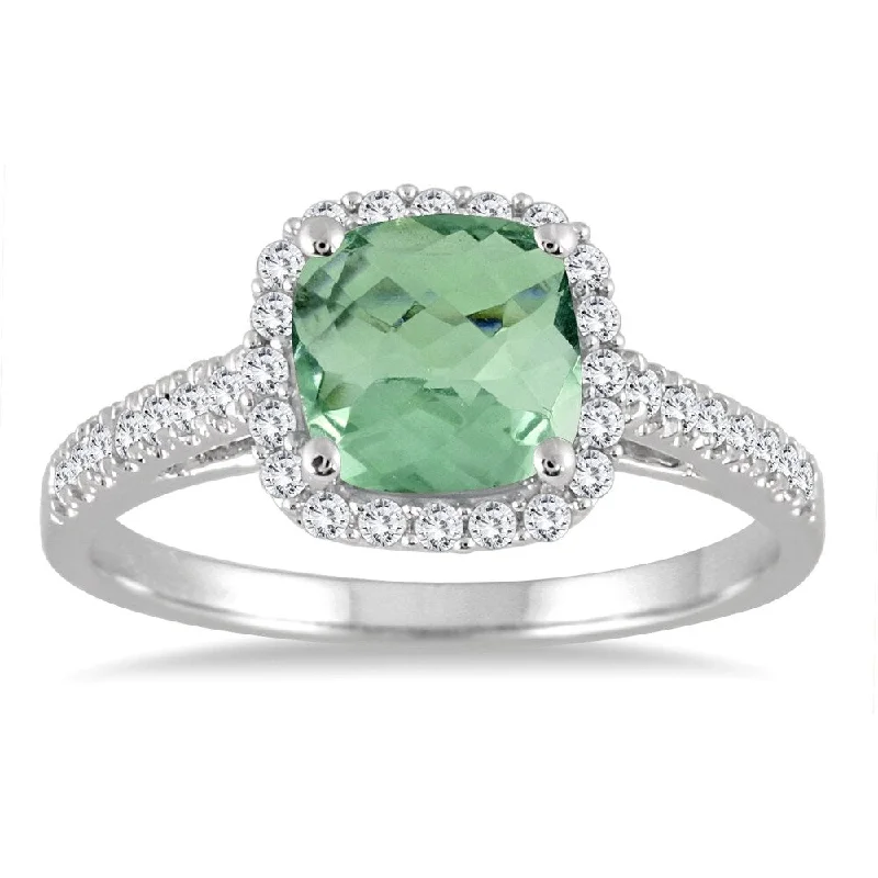 5MM Cushion Cut Green Amethyst and Diamond Halo Ring in 10K White Gold