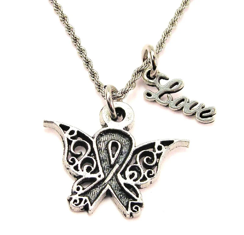 chunky necklaces for women -Filigree Awareness Ribbon Butterfly 20" Chain Necklace With Cursive Love Accent