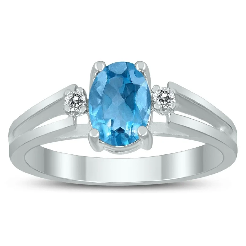 7X5MM Blue Topaz and Diamond Open Three Stone Ring in 10K White Gold