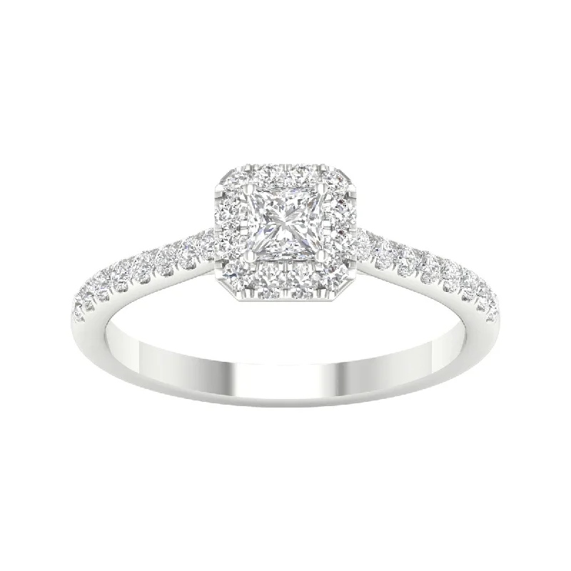 1/2ct TDW Princess Cut Diamond Halo Ring in 10k Gold by De Couer