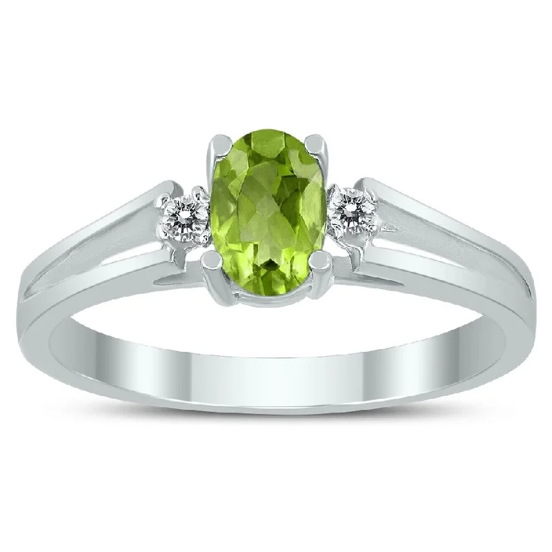 6X4MM Peridot and Diamond Open Three Stone Ring in 10K White Gold