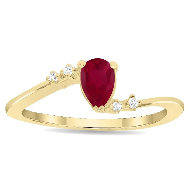 Women's Pear Shaped Ruby and Diamond Wave Ring in 10K Yellow Gold