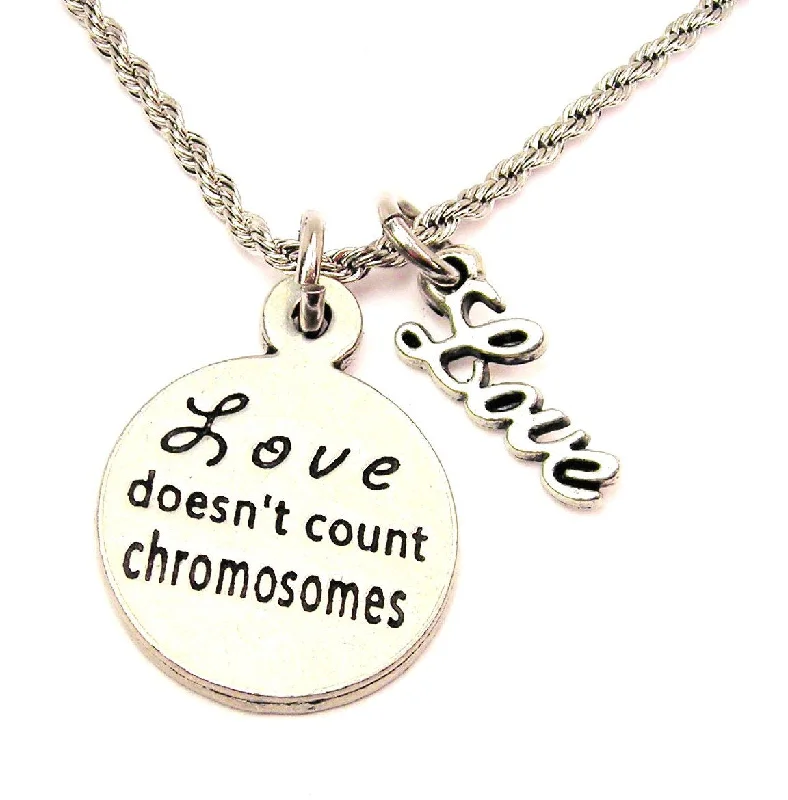 silver chain necklaces for women -Love Doesn't Count Chromosomes 20" Chain Necklace With Cursive Love Accent