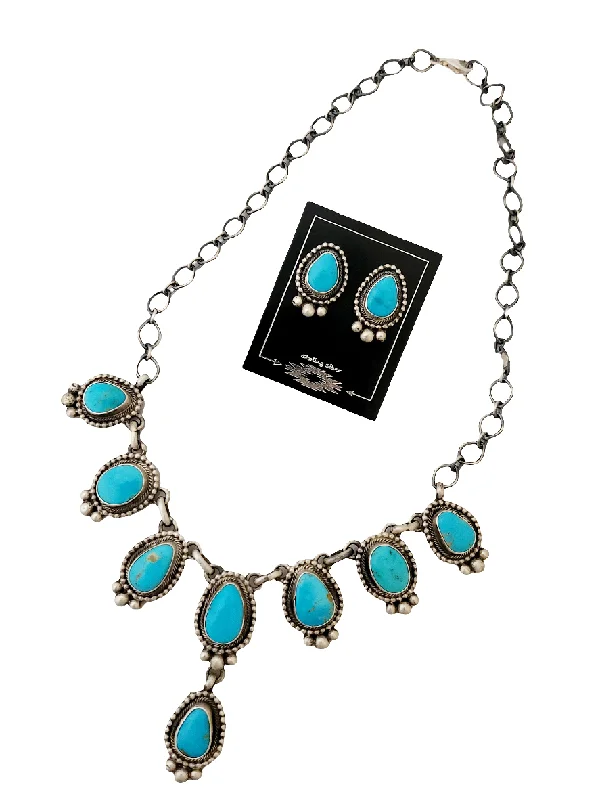 adjustable necklaces for women -Stamped Sterling Silver Turquoise Drop Necklace & Earring Set