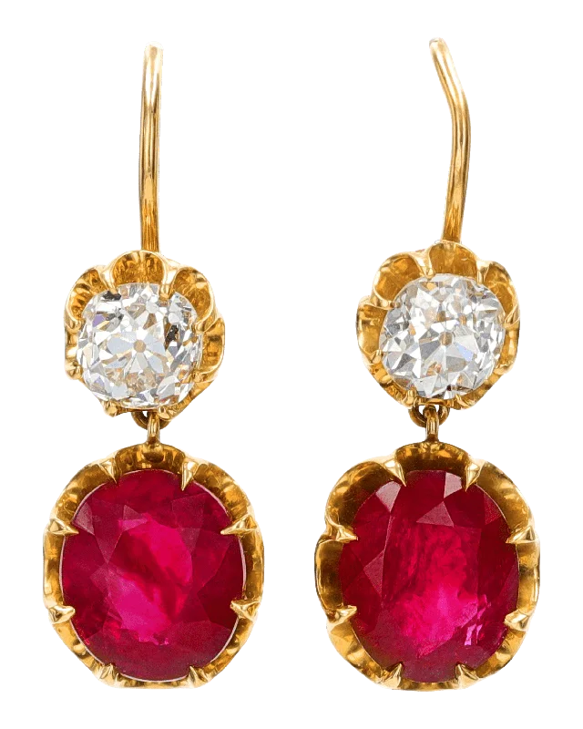 vintage diamond rings -handmade earrings for women -Victorian Burmese Ruby and Diamond Earrings