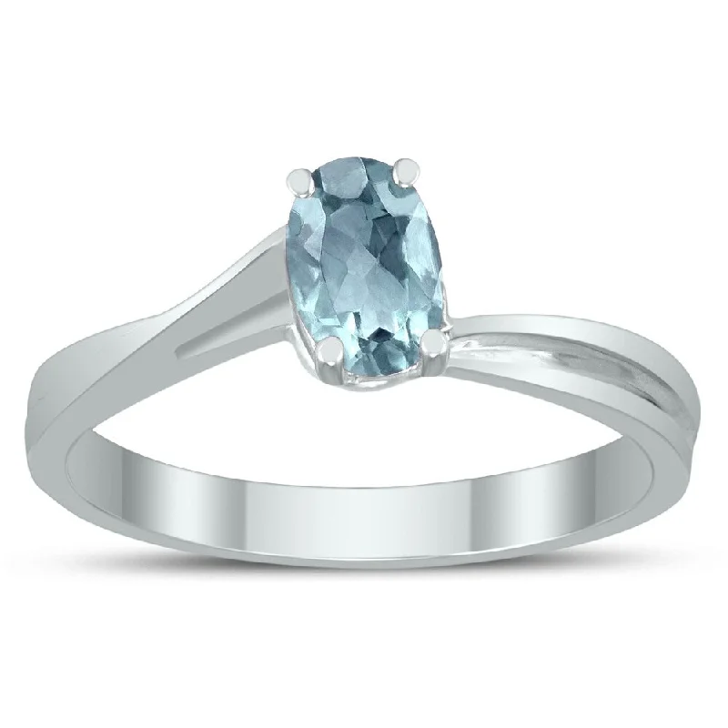 Solitaire Oval 6X4MM Aquamarine Gemstone Twist Ring in 10K White Gold