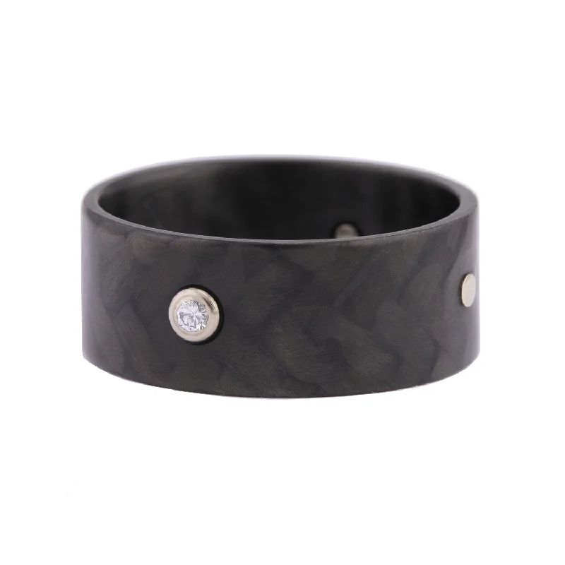 Carbon Fiber Ring with Single Diamond and Palladium White Gold Rivets