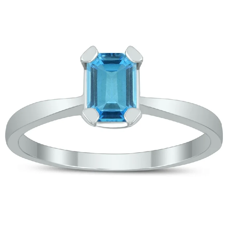 Emerald Shaped 6X4MM Blue Topaz Solitaire Ring in 10K White Gold