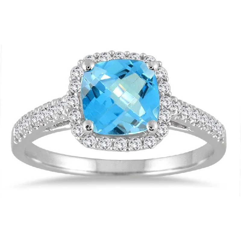 5MM Cushion Cut Blue Topaz and Diamond Halo Ring in 10K White Gold