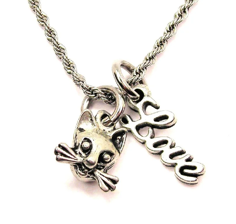 simple necklaces for women -Cat With Whiskers 20" Chain Necklace With Cursive Love Accent