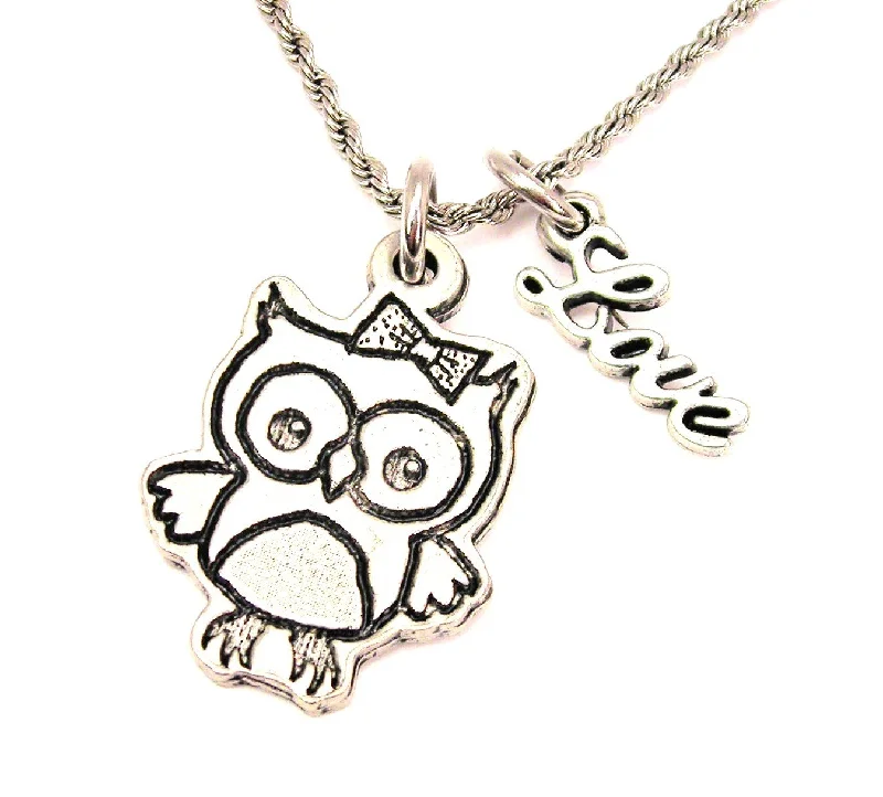 pearl necklaces for women -Cute Owl With Bow 20" Chain Necklace With Cursive Love Accent