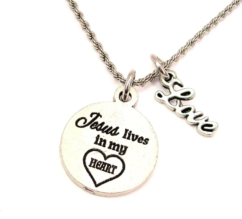 short necklaces for women -Jesus Lives In My Heart 20" Chain Necklace With Cursive Love Accent