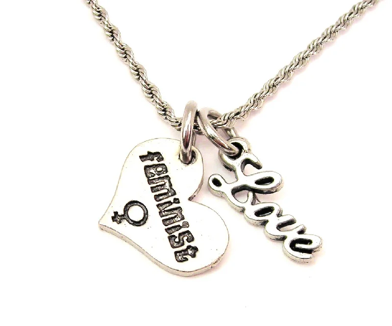 custom engraved necklaces -Feminist 20" Chain Necklace With Cursive Love Accent