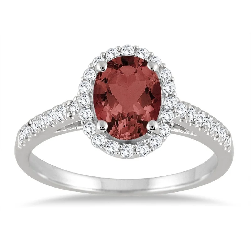 Garnet and Diamond Halo Ring in 10K White Gold