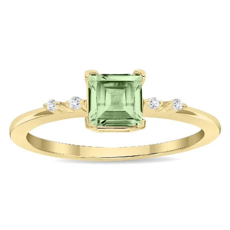 Women's Square Shaped Green Amethyst and Diamond Sparkle Ring in 10K Yellow Gold