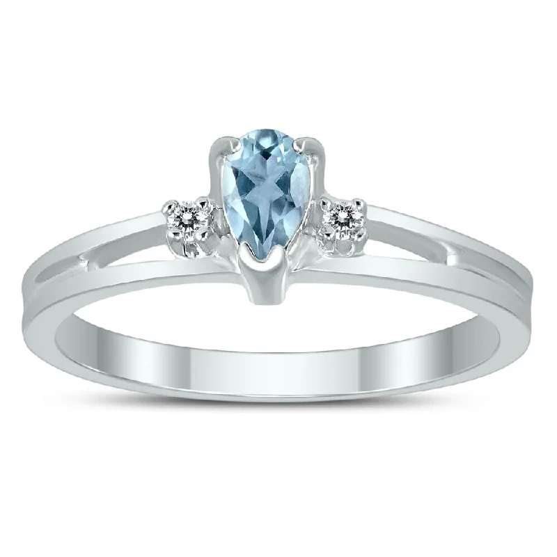 5X3MM Aquamarine and Diamond Pear Shaped Open Three Stone Ring in 10K White Gold