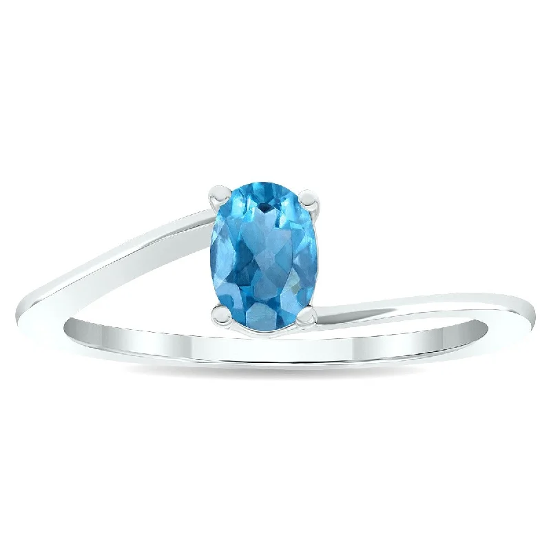 Women's Solitaire Blue Topaz Wave Ring in 10K White Gold