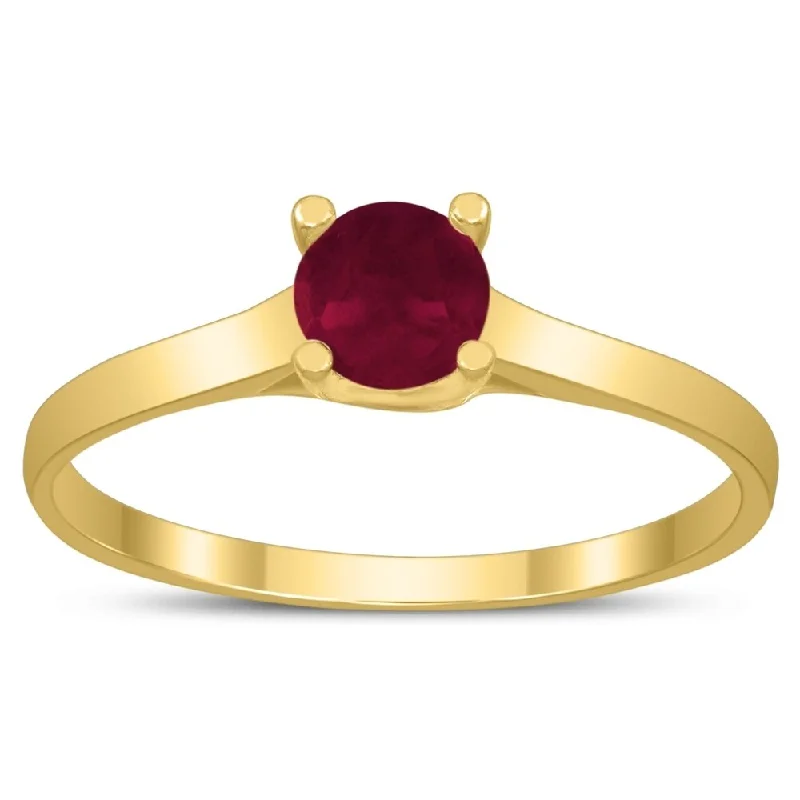 Round 4MM Ruby Cathedral Solitaire Ring in 10K Yellow Gold