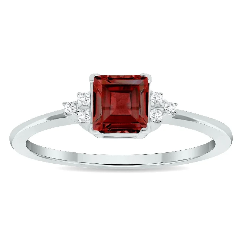 Women's Princess Cut Garnet and Diamond Half Moon Ring in 10K White Gold