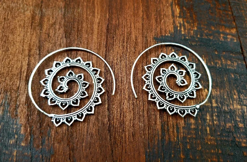 engraved rings for women -big hoop earrings for women -Mandala Lace Spiral Hoop Threader Earrings