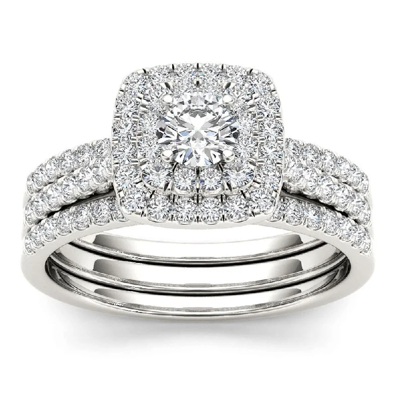 De Couer IGI Certified 10k White Gold 1ct TDW Diamond Cushion Double Halo Tri-ring Bridal Set