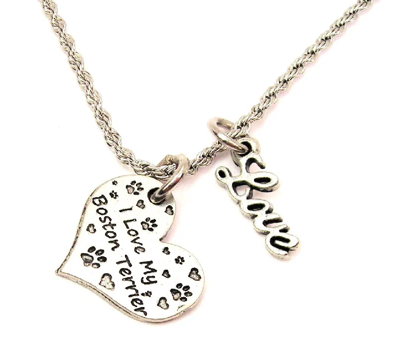 silver chain necklaces for women -I Love My Boston Terrier 20" Chain Necklace With Cursive Love Accent