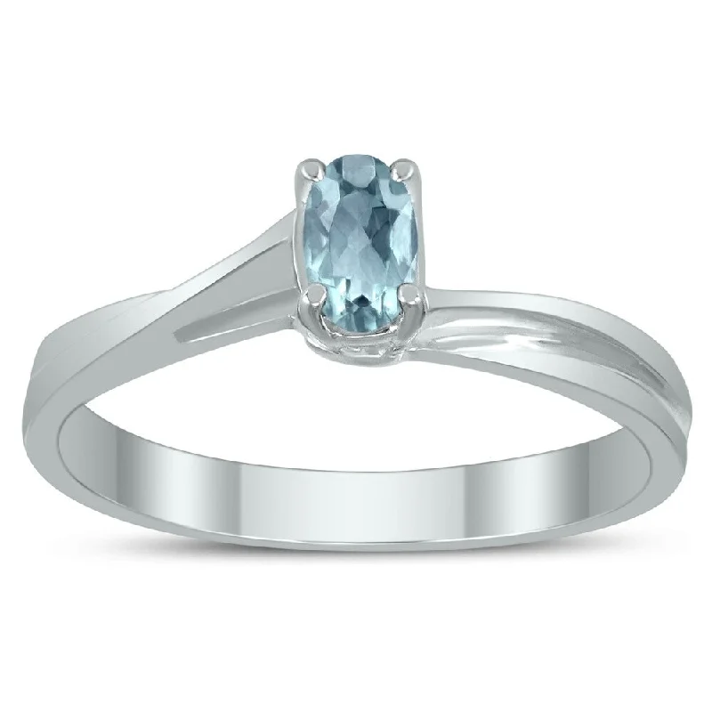 Solitaire Oval 5X3MM Aquamarine Gemstone Twist Ring in 10K White Gold