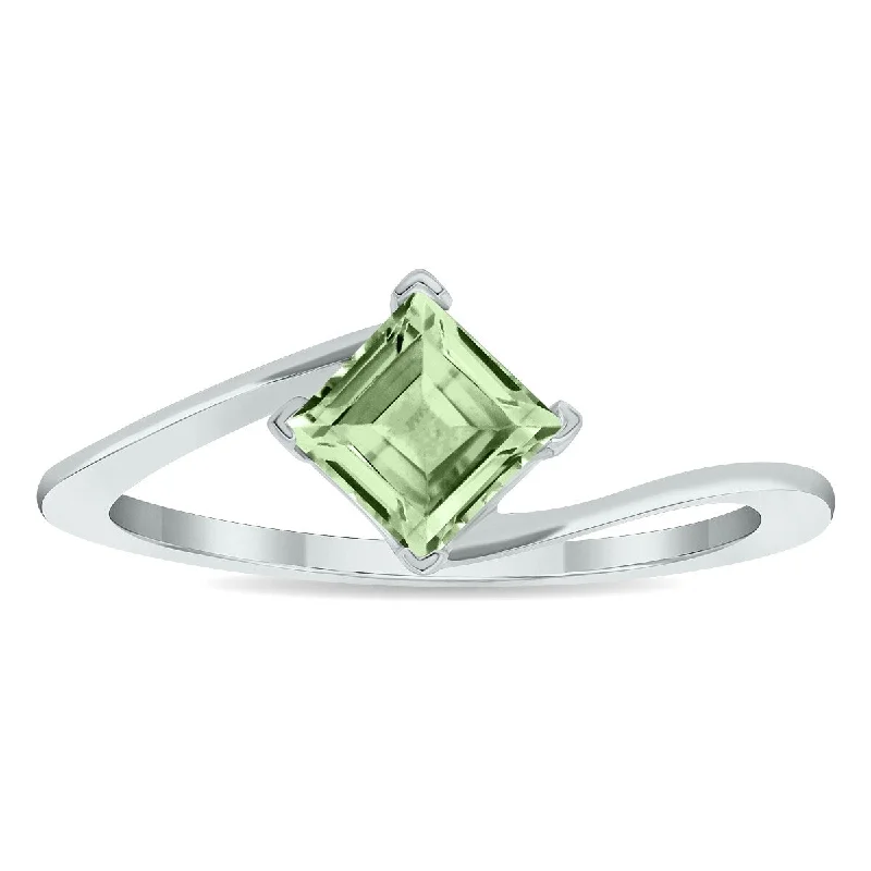 Women's Solitaire Green Amethyst Wave Ring in 10K White Gold