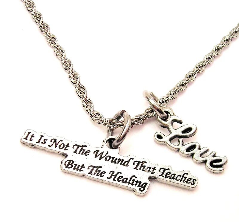 women's gold necklaces -It Is Not The Wound That Teaches But The Healing 20" Chain Necklace With Cursive Love Accent