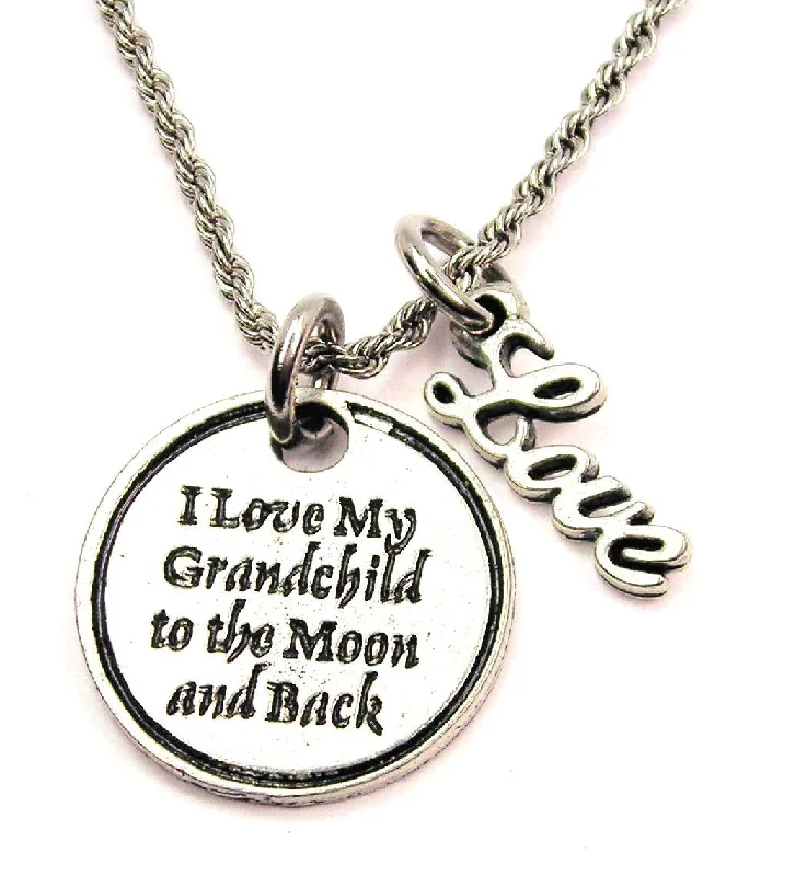 engraved necklaces for women -I Love My Grandchild To The Moon And Back 20" Chain Necklace With Cursive Love Accent