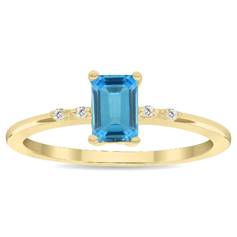 Women's Emerald Cut Blue Topaz and Diamond Sparkle Ring in 10K Yellow Gold