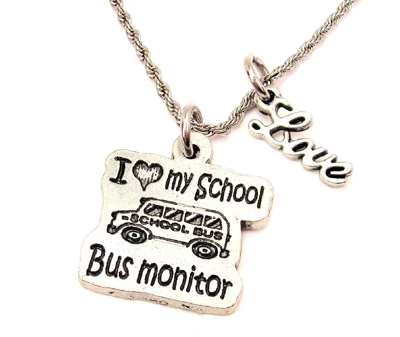 short necklaces for women -I Love My School Bus Monitor 20" Chain Necklace With Cursive Love Accent