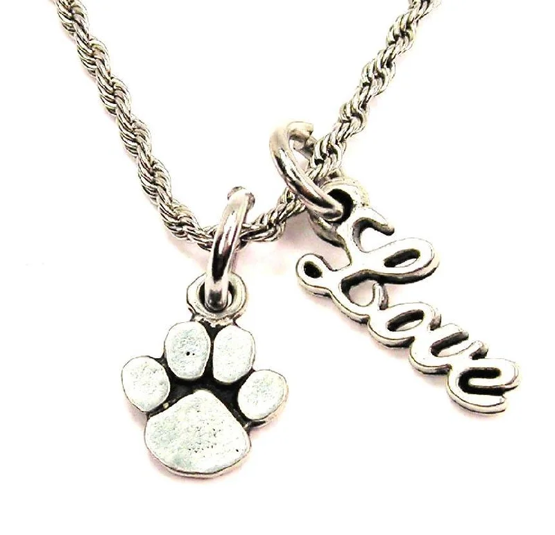 anniversary necklaces for women -Small Paw Print 20" Chain Necklace With Cursive Love Accent