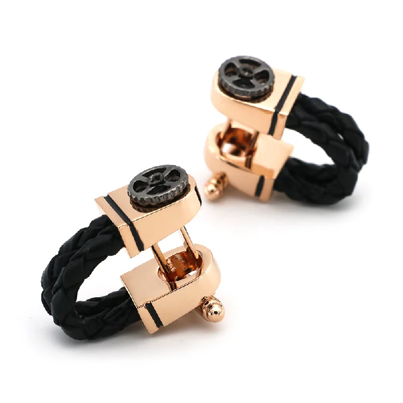 thick cuff bracelets -Marion Black Leather Rope Cufflinks