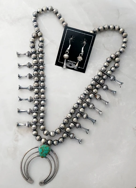 pearl necklaces for women -Phil Garcia Sterling Silver Oxidized Turquoise Squash Blossom Necklace & Earring Set