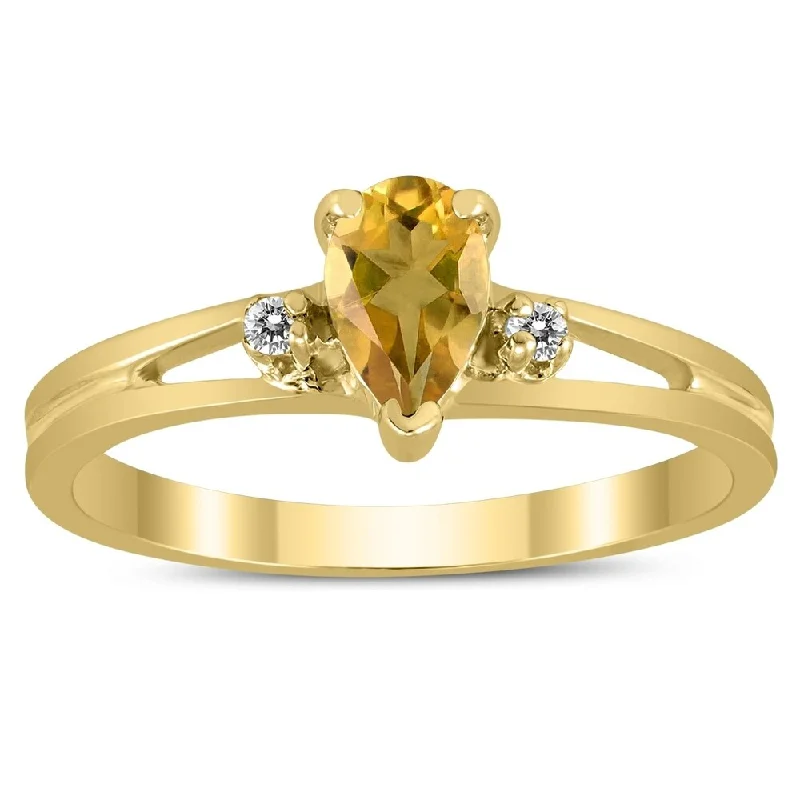 6X4MM Citrine and Diamond Pear Shaped Open Three Stone Ring in 10K Yellow Gold