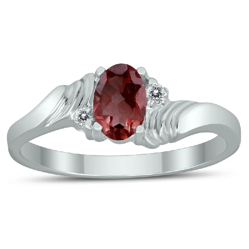 6X4MM Garnet and Diamond Wave Ring in 10K White Gold