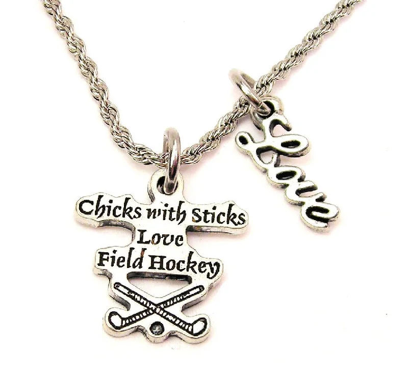 gold plated necklaces for women -Chicks With Sticks Love Field Hockey 20" Chain Necklace With Cursive Love Accent