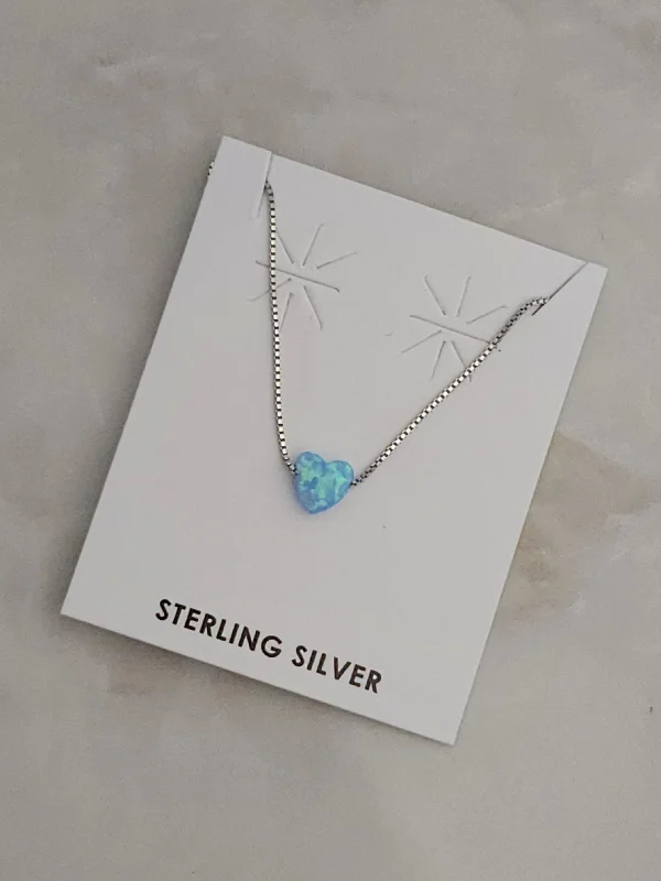 women's gold necklaces -Sterling Silver Blue Lab Opal Heart Necklace