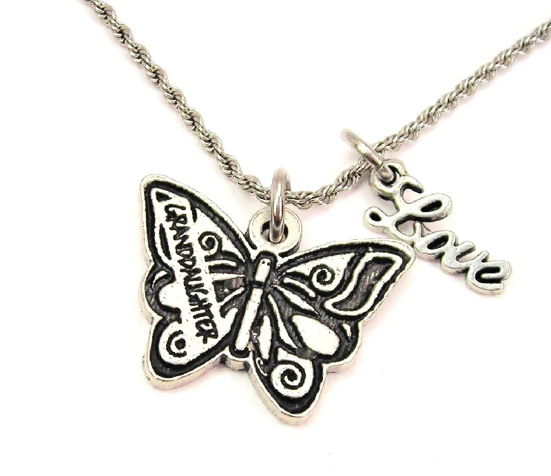 diamond pendant necklaces for women -Granddaughter Butterfly 20" Chain Necklace With Cursive Love Accent