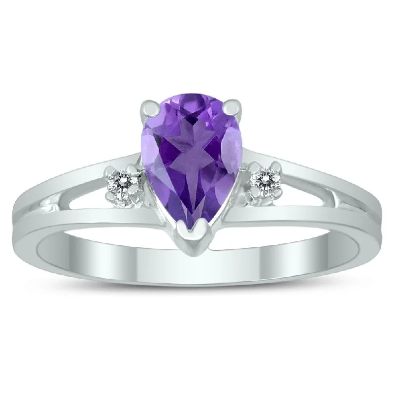 7X5MM Amethyst and Diamond Pear Shaped Open Three Stone Ring in 10K White Gold