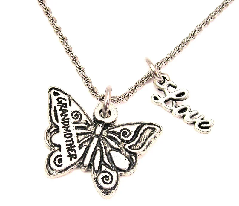 women's silver necklaces -Grandmother Butterfly 20" Chain Necklace With Cursive Love Accent