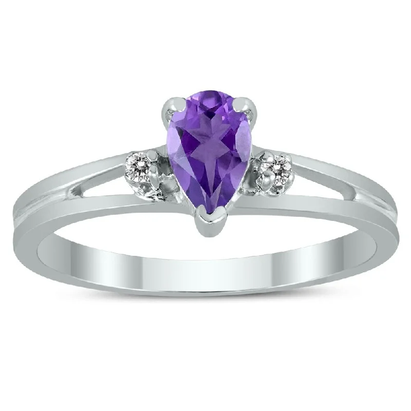 6X4MM Amethyst and Diamond Pear Shaped Open Three Stone Ring in 10K White Gold