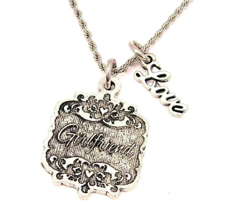 infinity pendant necklaces -Girlfriend Victorian Scroll 20" Chain Necklace With Cursive Love Accent