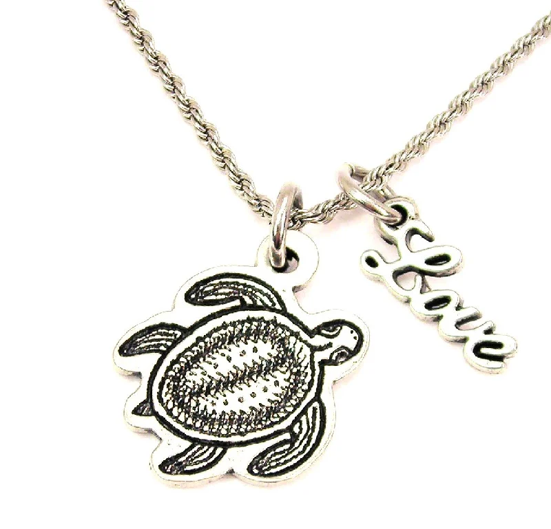 women's silver necklaces -Sun Turtle 20" Chain Necklace With Cursive Love Accent