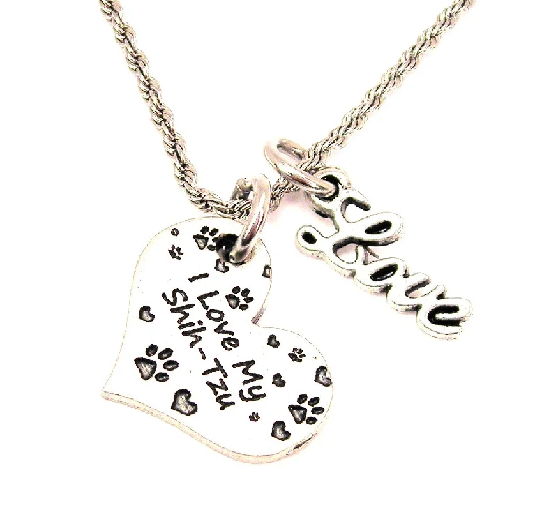 custom engraved necklaces -I Love My Shih-Tzu 20" Chain Necklace With Cursive Love Accent