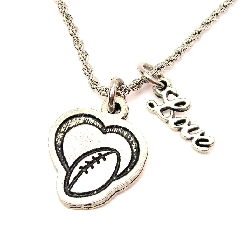 luxury wedding necklaces for women -Heart With Football 20" Chain Necklace With Cursive Love Accent