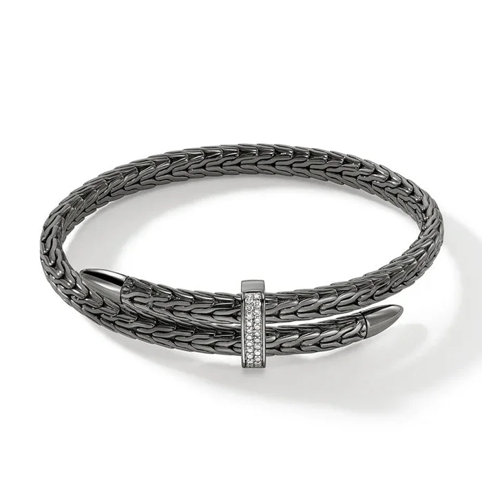 layered bracelets for women -John Hardy Pavé Spear Cuff in Black Rhodium Sterling Silver - Size Small