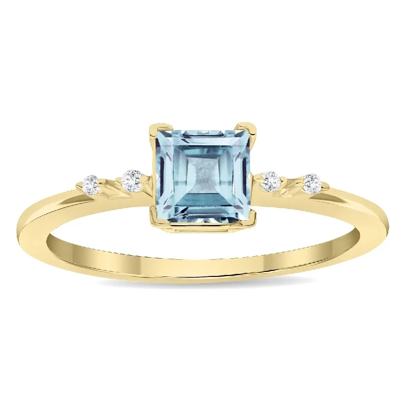 Women's Square Shaped Aquamarine and Diamond Sparkle Ring in 10K Yellow Gold